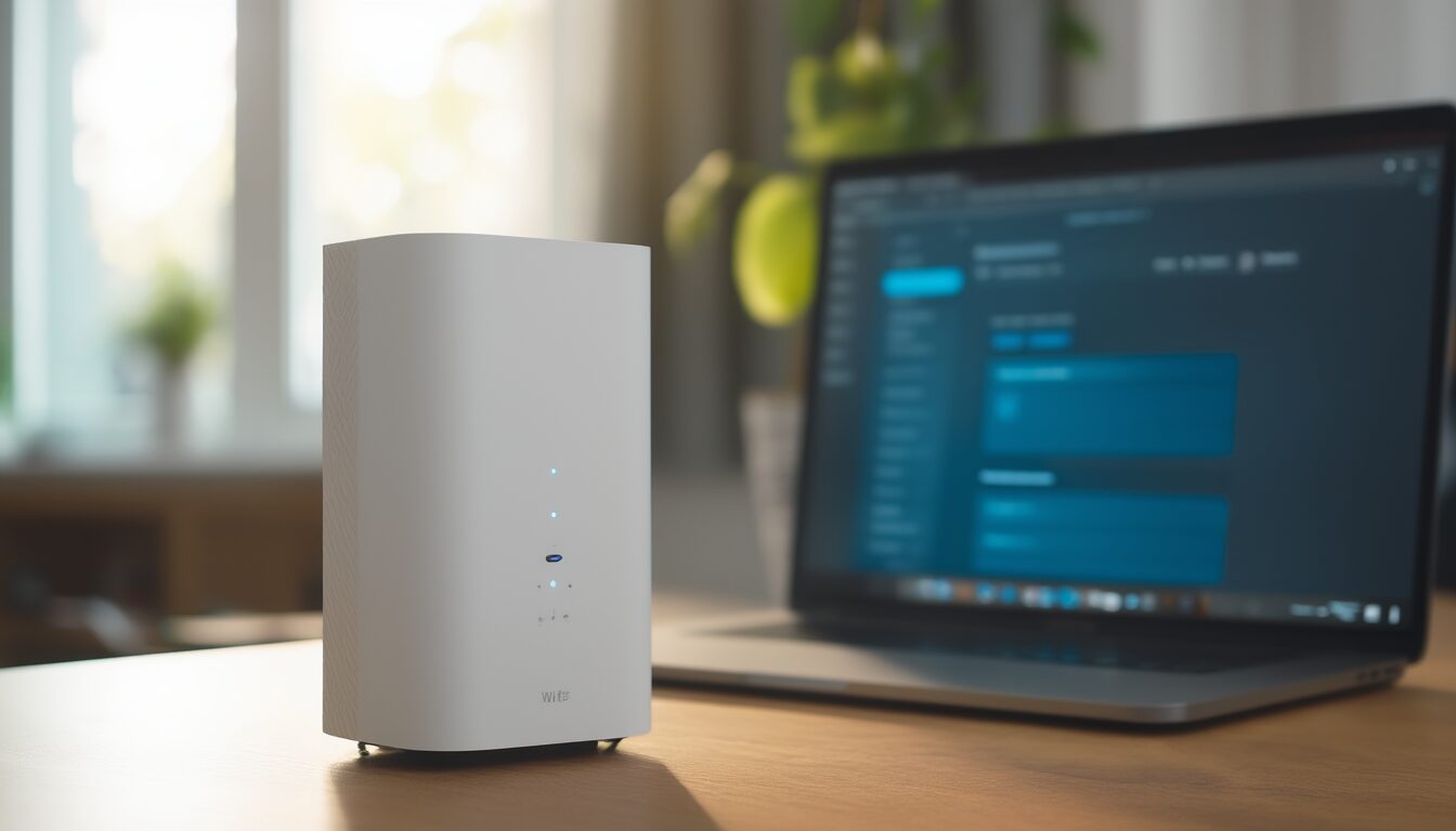Moderner WLAN-Router auf einem Schreibtisch, im Hintergrund ein Laptop mit Netzwerkeinstellungen