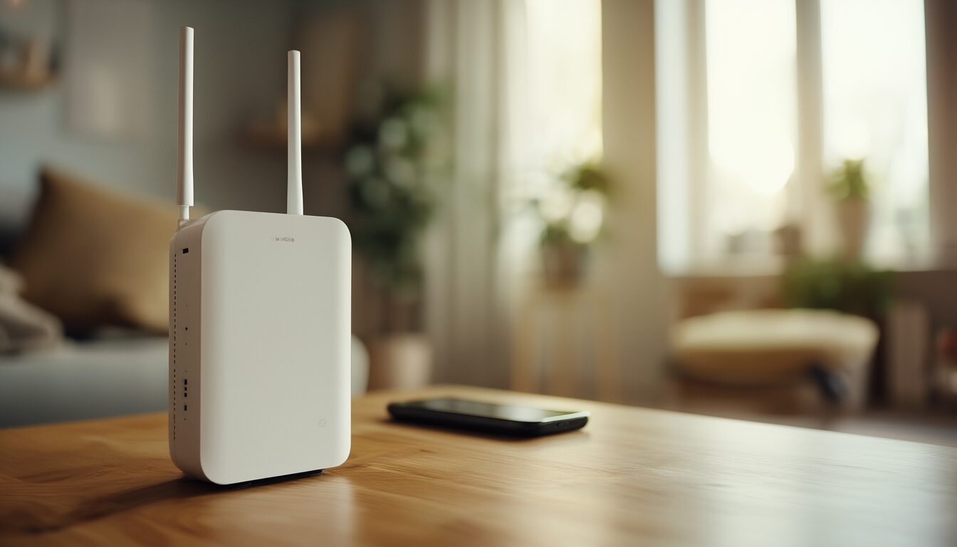 WLAN-Router auf einem Schreibtisch neben einem Smartphone, mit dem der beste Funkkanal geprüft wird