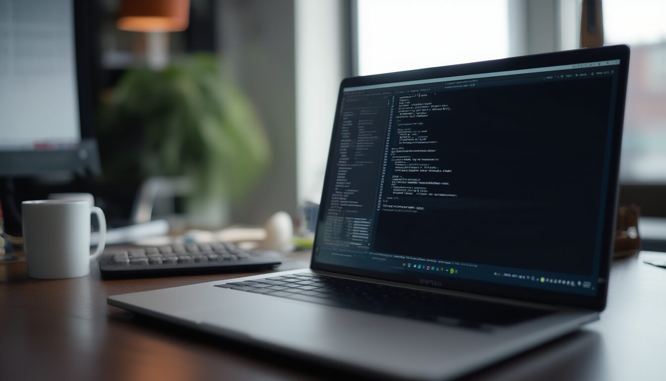 Laptop mit geöffnetem Linux-Terminal unter Windows 11 auf einem Schreibtisch