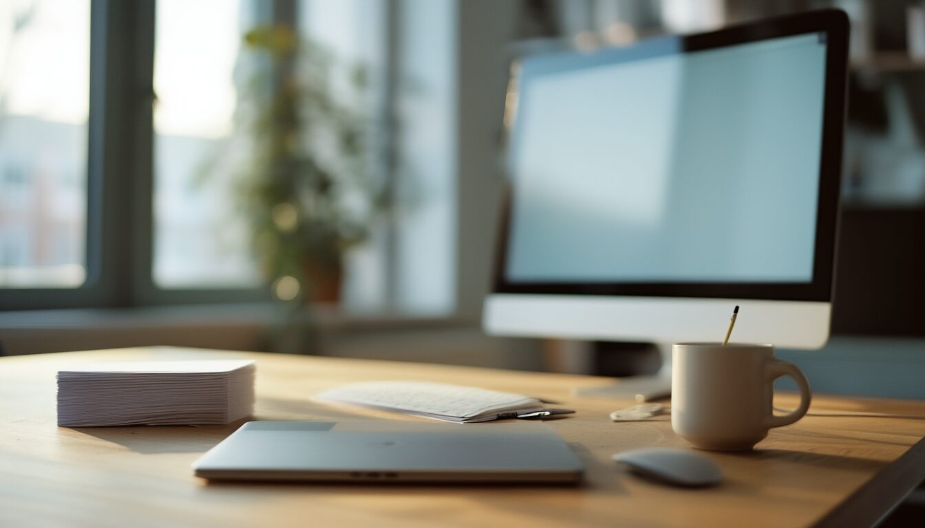 Aufgeräumter Entwickler-Schreibtisch mit Tastatur, geschlossenem Laptop und Karteikarten als Sinnbild für schlankes Software-Design nach dem YAGNI-Prinzip