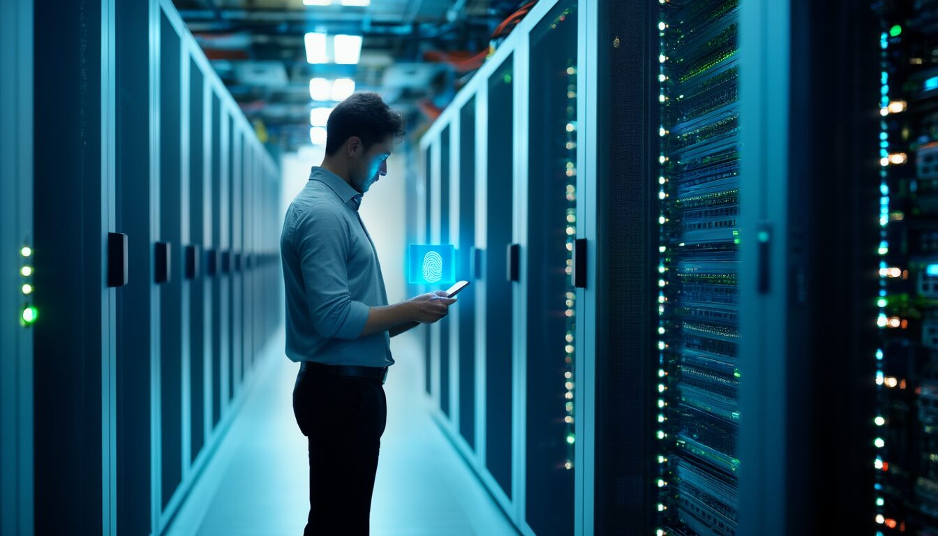 IT-Fachkraft authentifiziert sich per Smartphone-Fingerabdruck in einem Rechenzentrum mit beleuchteten Serverschränken