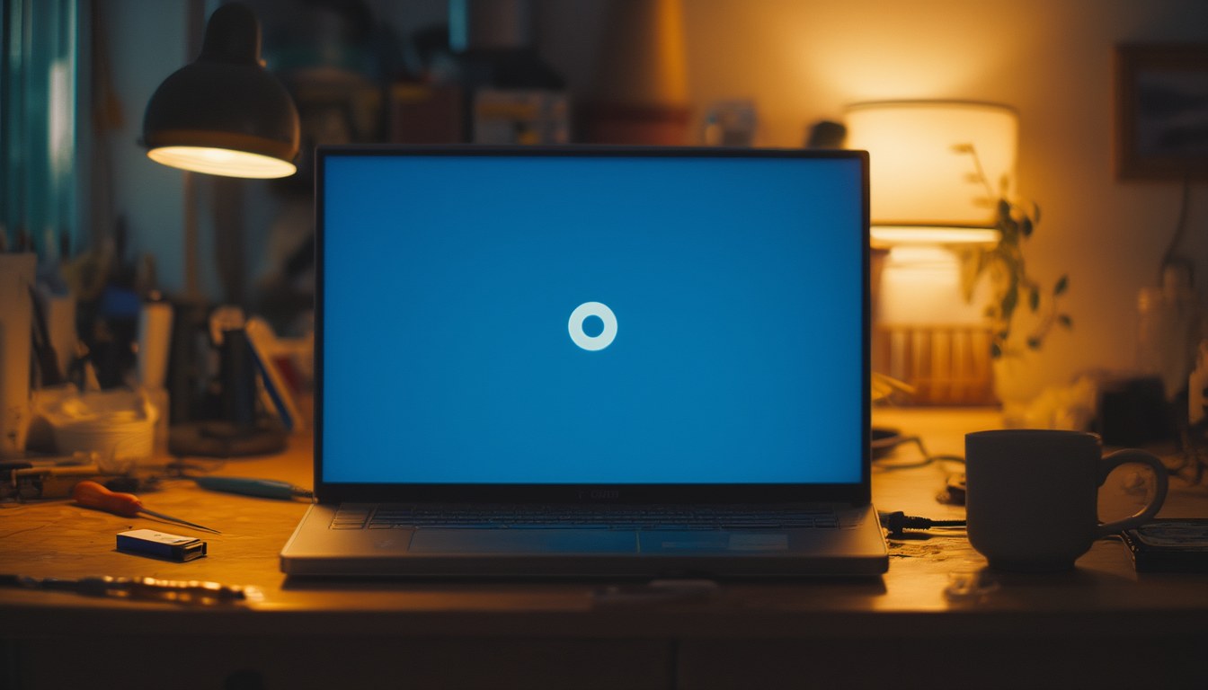 0xc1900101 bei Windows 11: Extend-Code lesen, Treiber finden, Upgrade durchbringen 9 Laptop auf einem Schreibtisch startet nach einem abgebrochenen Windows-11-Upgrade neu, daneben abgezogene USB-Geräte
