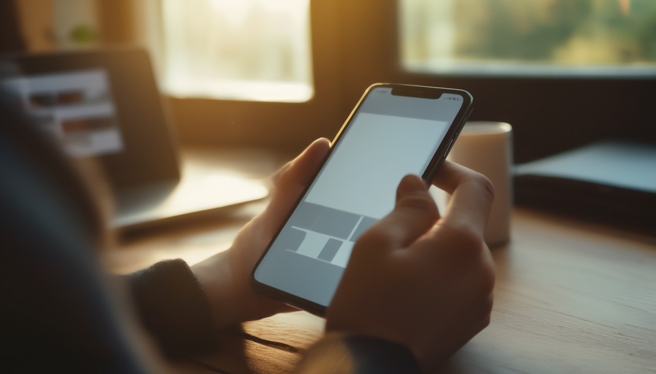 Hände halten ein Smartphone über einem Schreibtisch, auf dem Display hängt ein Update-Fortschrittsbalken