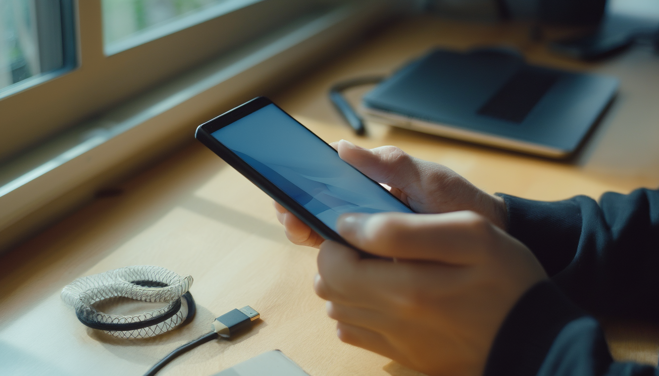 Hände halten ein Android-Smartphone über einem Schreibtisch mit Laptop und USB-Kabel, während Apps aufgeräumt werden