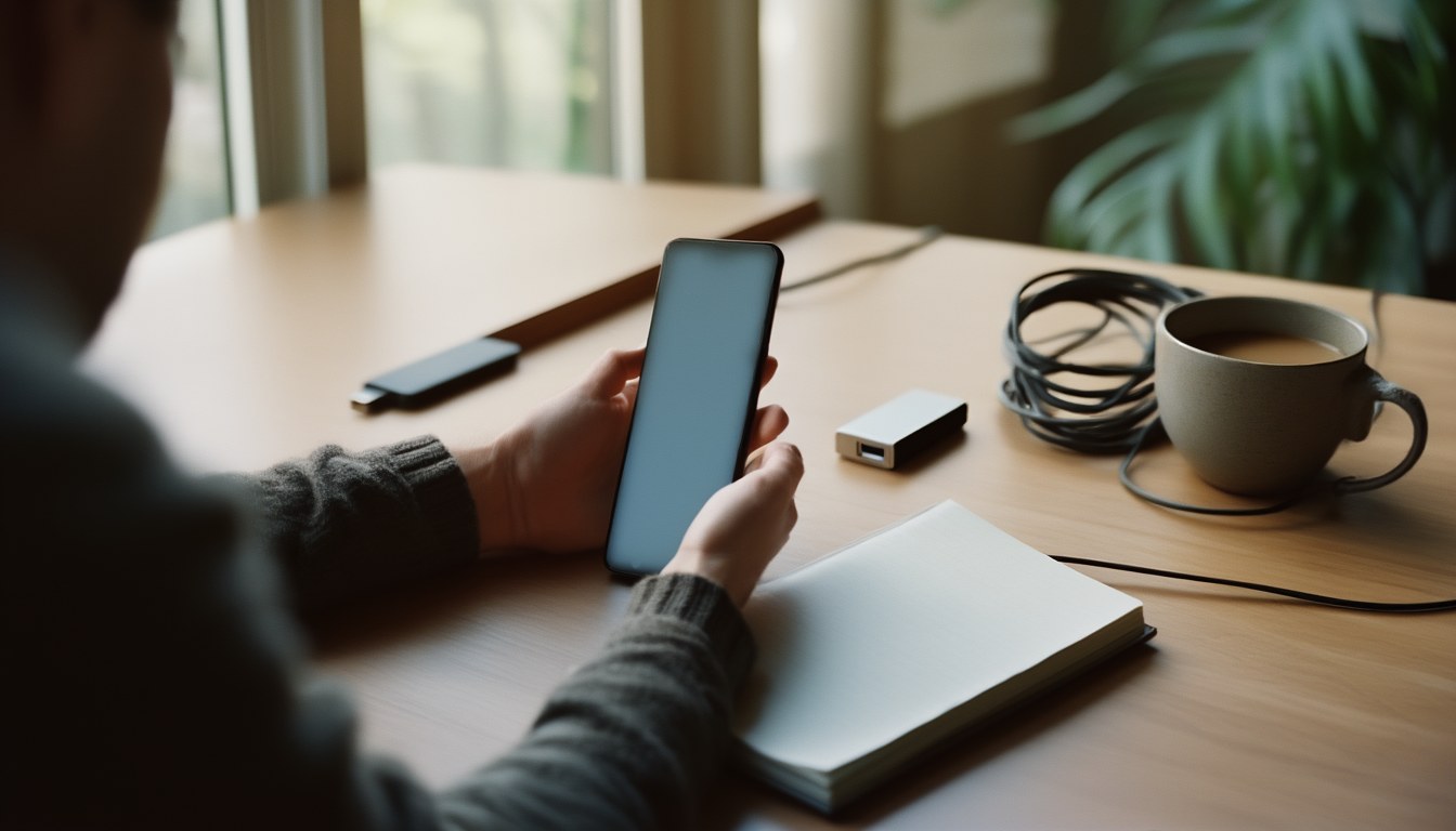 Hände halten ein Smartphone über einem Schreibtisch mit externer SSD und USB-C-Kabel – Sinnbild für die Datensicherung eines Android-Handys
