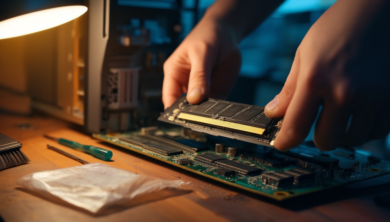 Hände setzen ein RAM-Modul in den Speichersteckplatz eines geöffneten Desktop-PCs auf einer Werkbank ein