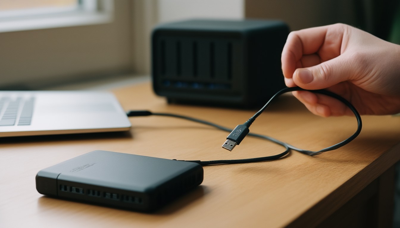 Hand zieht das USB-Kabel einer externen Festplatte ab – Offline-Backup mit Air-Gap neben Laptop und NAS