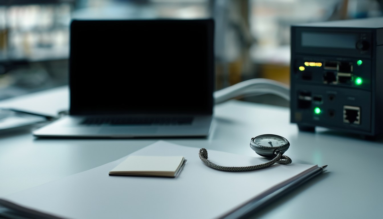 Backup wiederherstellen testen: Restore-Test in 5 Schritten 1 Werkbank mit Ersatz-Laptop, Stoppuhr und Notizblock vor einem kleinen NAS – Aufbau für einen Restore-Test der Datensicherung