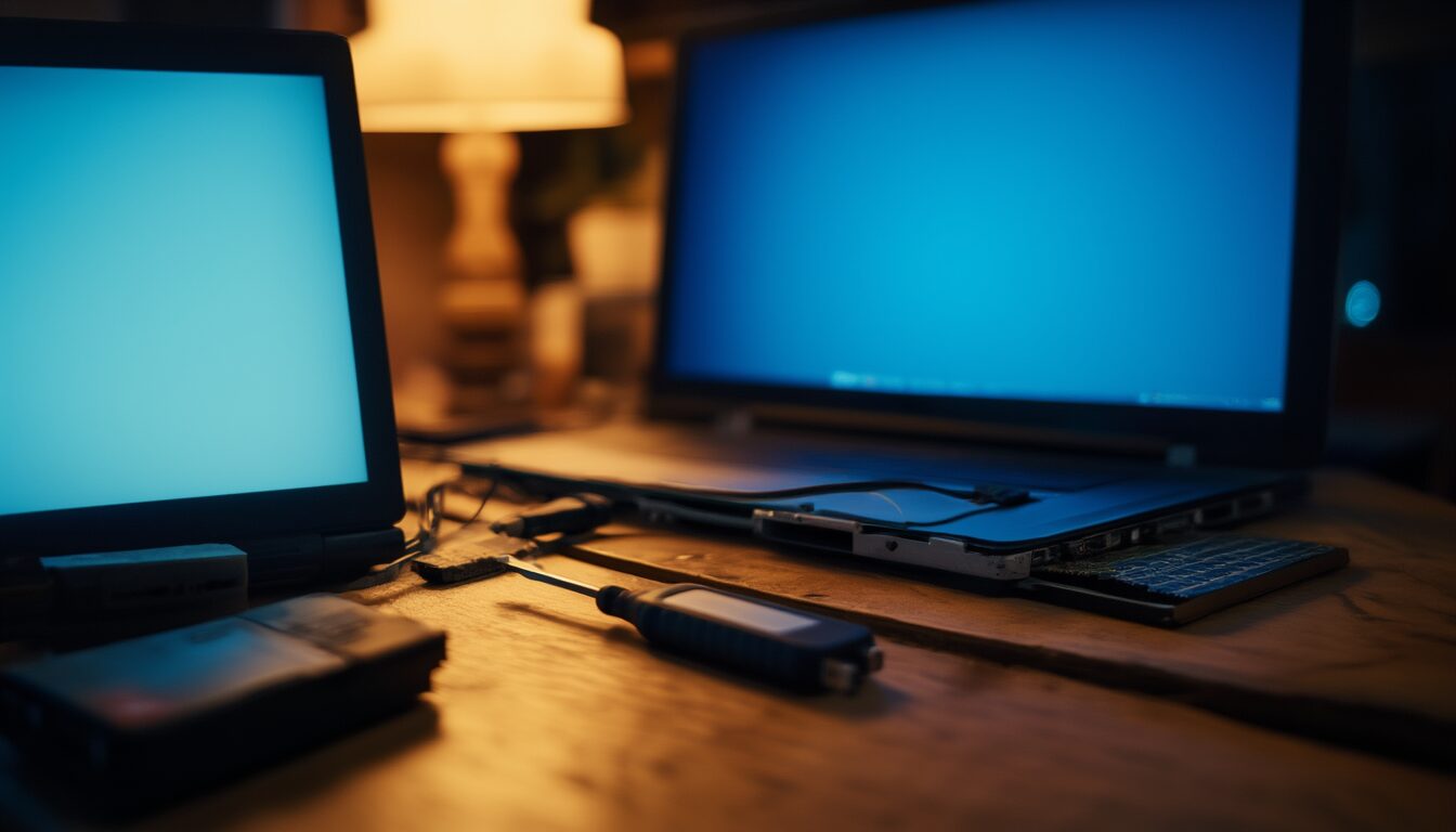 Schreibtisch mit geöffnetem Laptop, dessen Bildschirm blau leuchtet, daneben USB-Stick, SSD und Schraubendreher zur Reparatur eines Windows-Bluescreens
