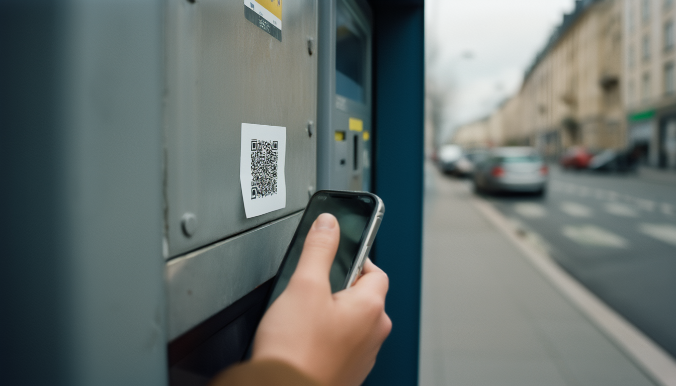 Hand mit Smartphone scannt einen aufgeklebten QR-Code an einem Parkscheinautomaten auf der Straße