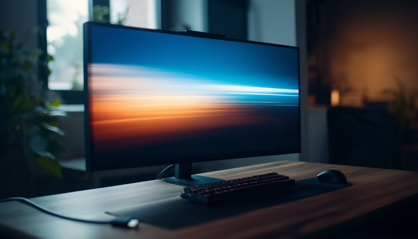 Gaming-Monitor auf einem Schreibtisch zeigt eine schnelle Bewegungsunschärfe als Sinnbild für eine hohe Bildwiederholrate