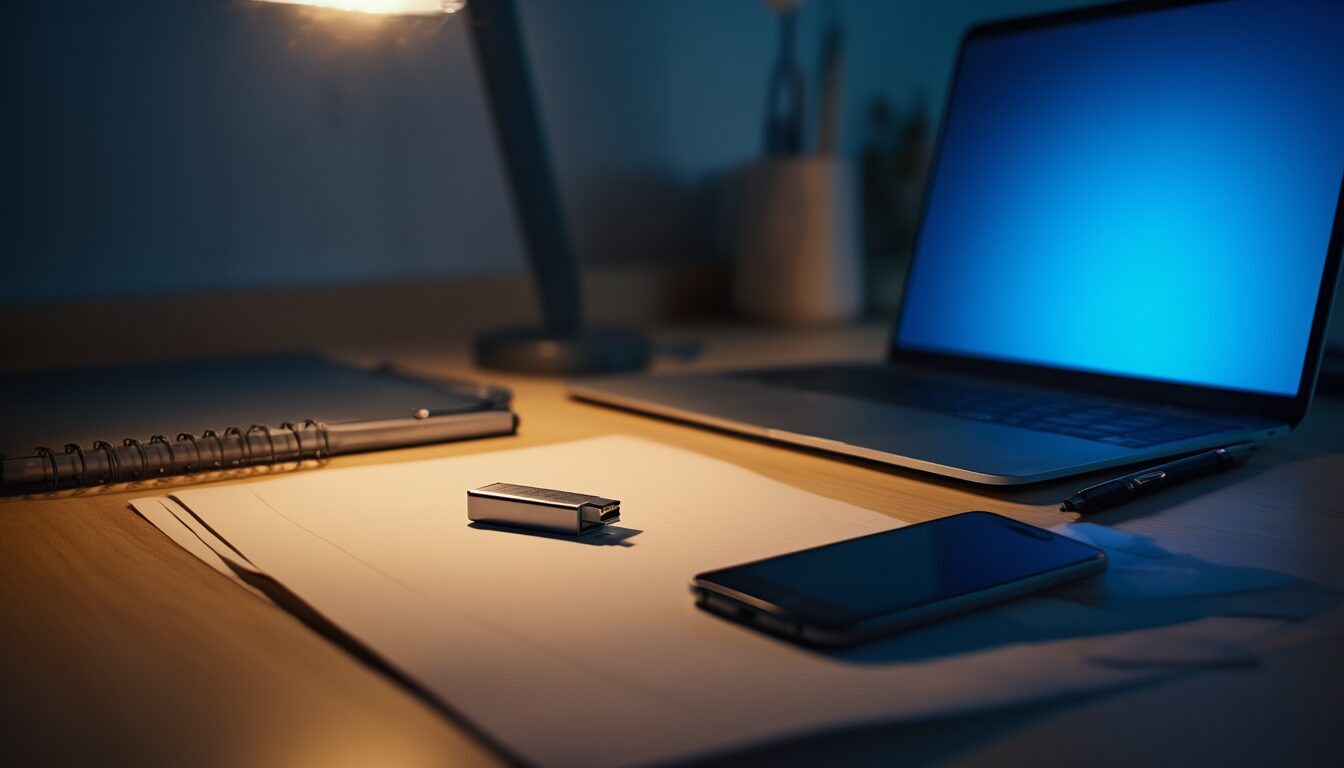 BitLocker-Wiederherstellungsschlüssel finden: die 5 Orte, an denen er wirklich liegt 1 Schreibtisch mit halb geöffnetem Laptop, blau leuchtendem Bildschirm, USB-Stick und Zettel – Symbolbild für das Finden des BitLocker-Wiederherstellungsschlüssels