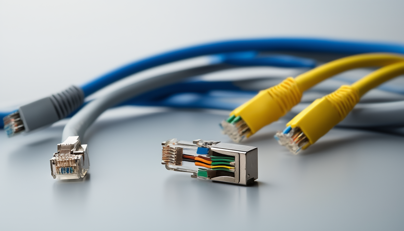 Aufgerollte Netzwerkkabel neben einem aufgeschnittenen Kabelende mit sichtbaren Aderpaaren, Folienschirm und Geflechtschirm sowie RJ45-Stecker und Keystone-Dose