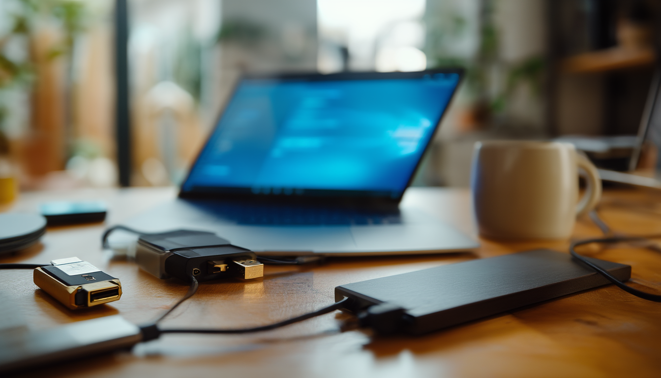 Laptop mit externer SSD, USB-Stick und kleinem Vorhängeschloss auf einem Schreibtisch als Sinnbild für verschlüsselte Cloud-Backups
