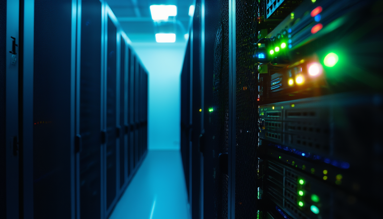 Zwei Serverschränke nebeneinander: der linke Rack ist ausgeschaltet und dunkel, der rechte läuft mit leuchtenden Status-LEDs