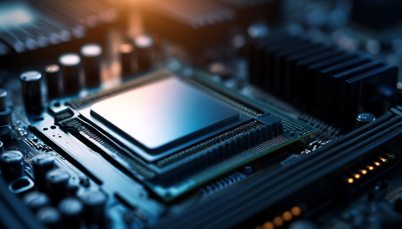 Moderner Desktop-Prozessor mit blanker Metalloberfläche liegt neben dem geöffneten CPU-Sockel eines Mainboards