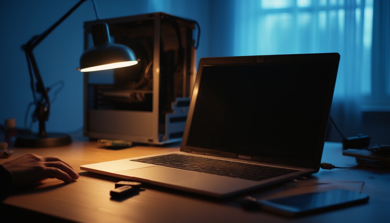 Critical Process Died beheben: Bluescreen-Schleife stoppen 1 Laptop mit schwarzem Bildschirm auf einem Technikertisch, daneben USB-Stick, Schraubendreher und ein geöffnetes PC-Gehäuse mit halb entnommenem RAM-Riegel