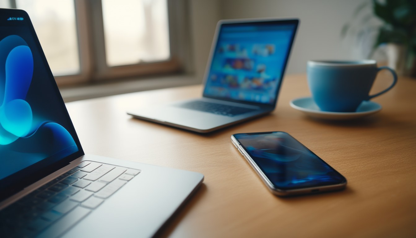 Smartphone, iPhone und Laptop nebeneinander auf einem Schreibtisch – Dateien kabellos übertragen ohne Kabel