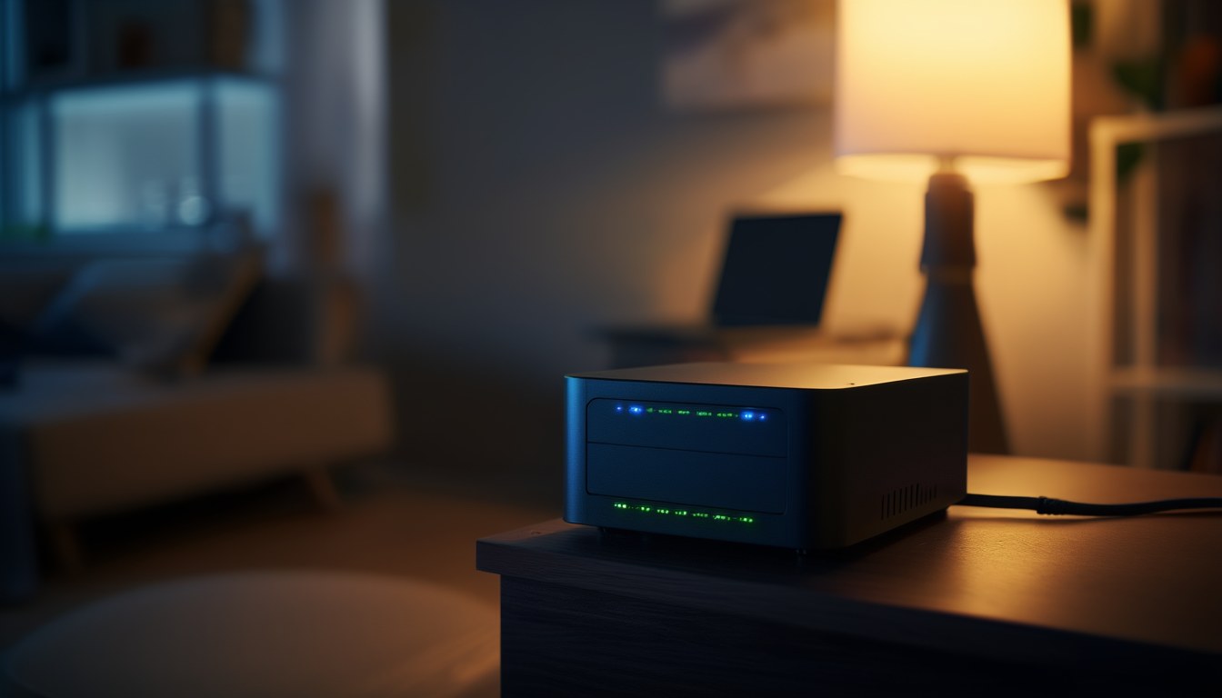 Kompaktes NAS mit leuchtenden Status-LEDs auf einem Holzregal als Sicherungsziel für den Dateiversionsverlauf