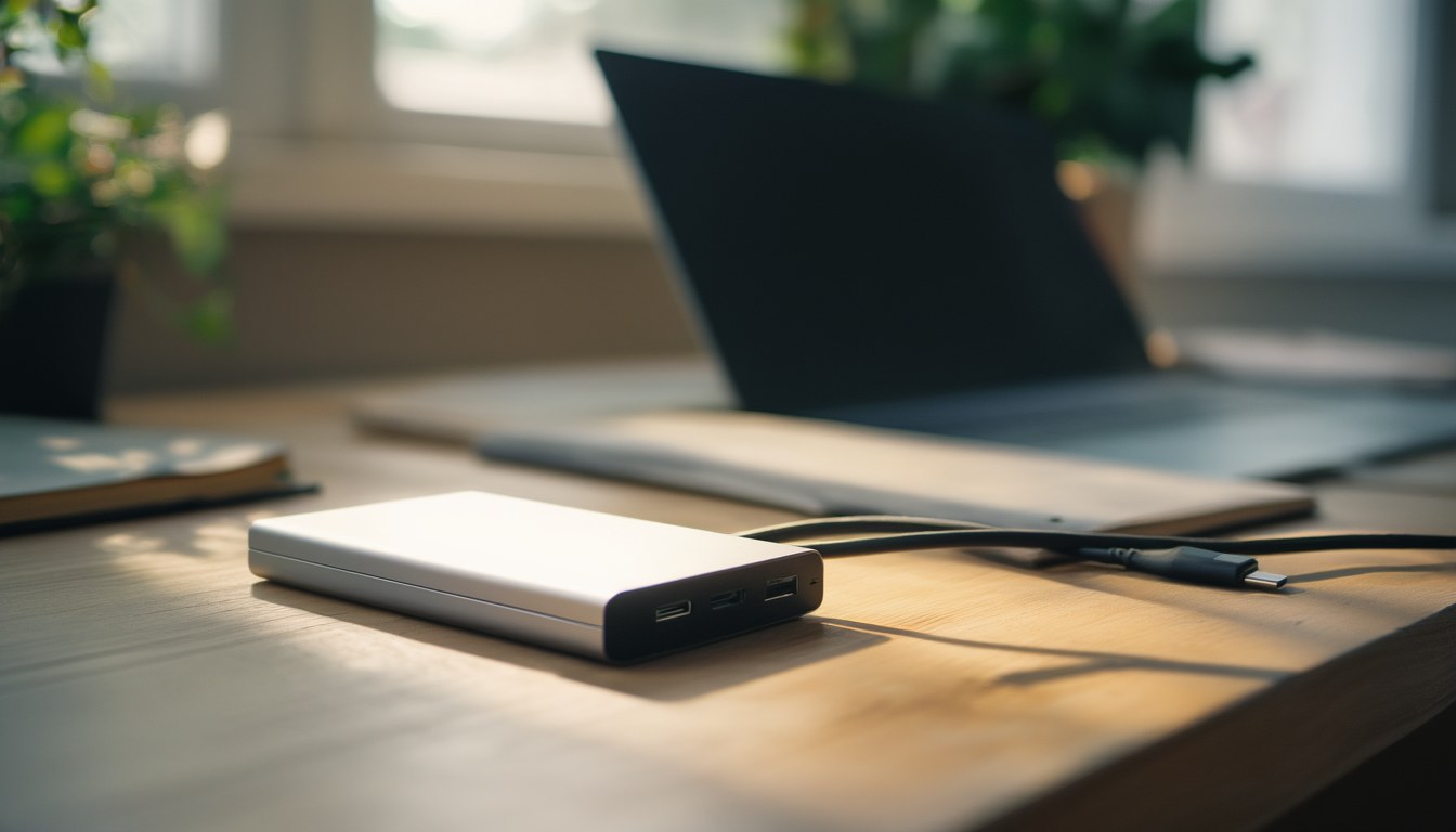 Externe SSD per USB-C-Kabel an einem Notebook auf einem Schreibtisch – Ziellaufwerk für die automatische Dateisicherung unter Windows 11