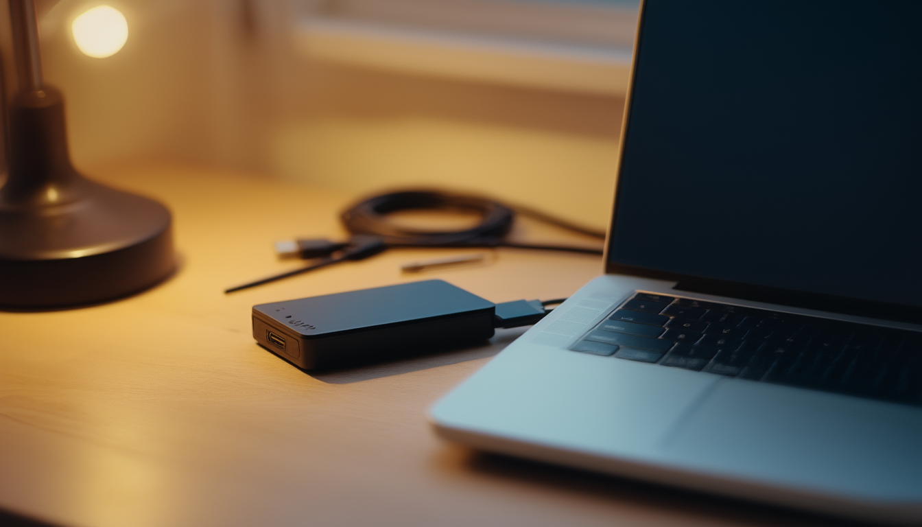 Datenträger wird nicht erkannt: Daten retten statt formatieren 1 Externe 2,5-Zoll-Festplatte per USB-C-Kabel an einem Laptop auf einem Holzschreibtisch – typische Situation, wenn der Datenträger nicht erkannt wird