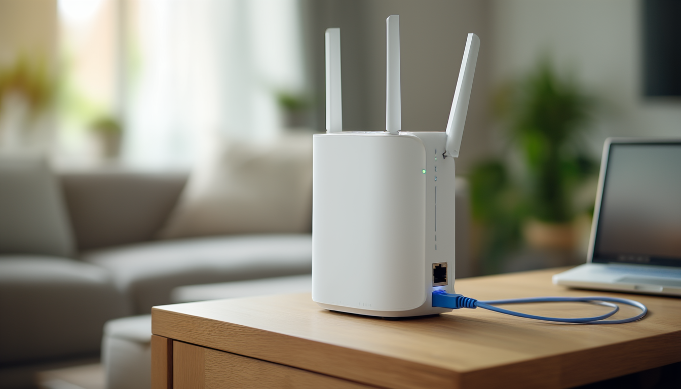 WLAN-Router mit eingestecktem blauen Netzwerkkabel auf einem Sideboard, im Hintergrund unscharf ein zugeklappter Laptop im Wohnzimmer