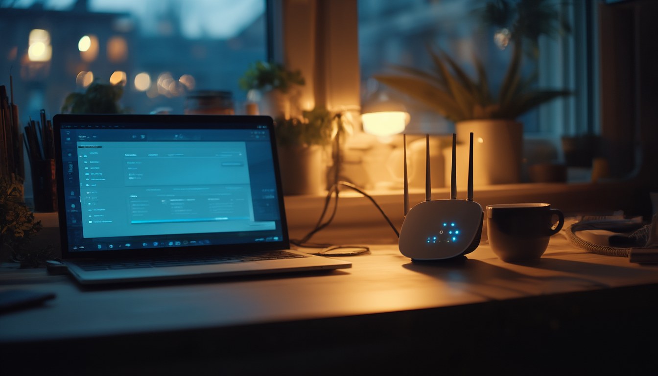 Laptop mit unscharfen Systemeinstellungen und ein Router mit leuchtenden LEDs auf einem Schreibtisch – Sinnbild für verschlüsselte DNS-Anfragen per DNS über HTTPS