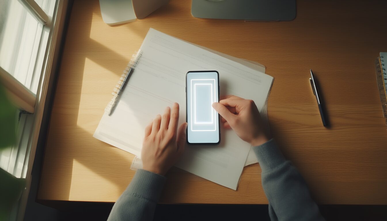 Hände halten ein Smartphone über ein Blatt Papier auf einem Holzschreibtisch, auf dem Display ist der Erkennungsrahmen des Dokumentenscanners zu sehen