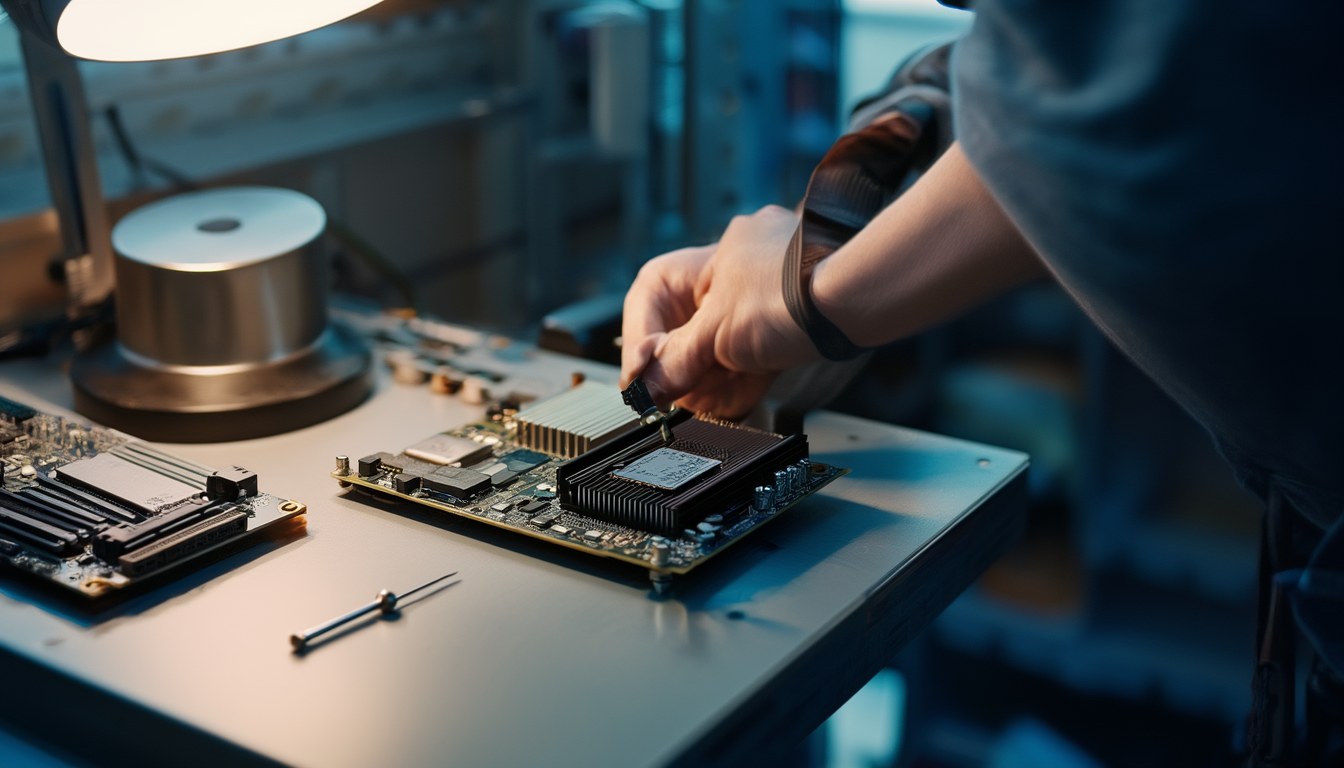 DPC Watchdog Violation beheben: der Fix für SATA- und NVMe-SSDs 4 Techniker baut eine M.2-NVMe-SSD in einen geöffneten Desktop-PC ein, um Bluescreen-Probleme mit dem Speicher-Controller zu beheben