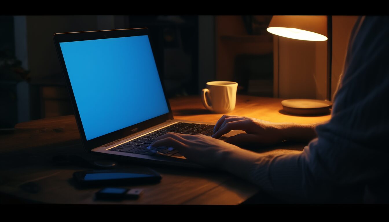Hände auf einer Laptop-Tastatur im abgedunkelten Arbeitszimmer, der Bildschirm leuchtet blau während eines Neustarts im abgesicherten Modus