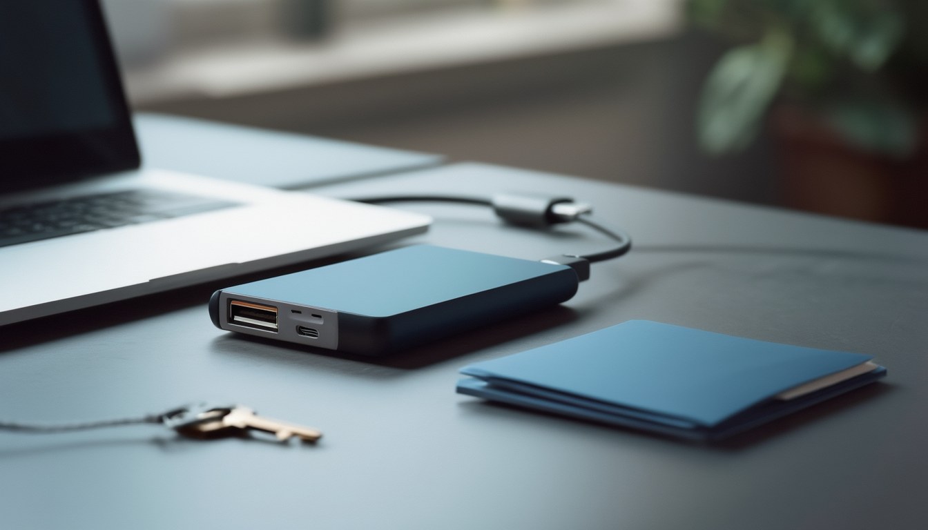 Externe Festplatte verschlüsseln: portable Backup-Festplatte am Laptop, daneben ein Schlüssel als Sinnbild für Verschlüsselung