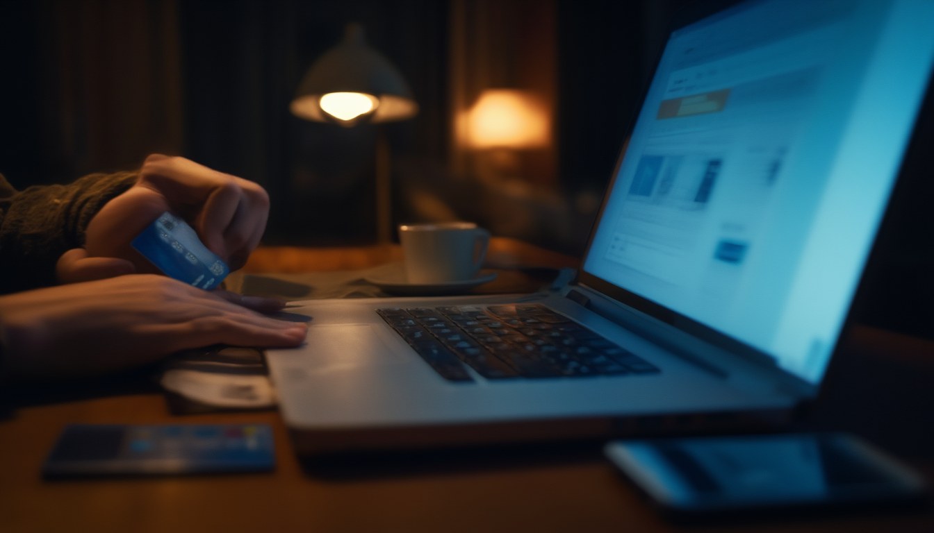 Person mit Bankkarte zögert nachts vor einem Laptop mit unscharfer Shop-Seite – Prüfen, bevor man bestellt, hilft beim Fake-Shop erkennen