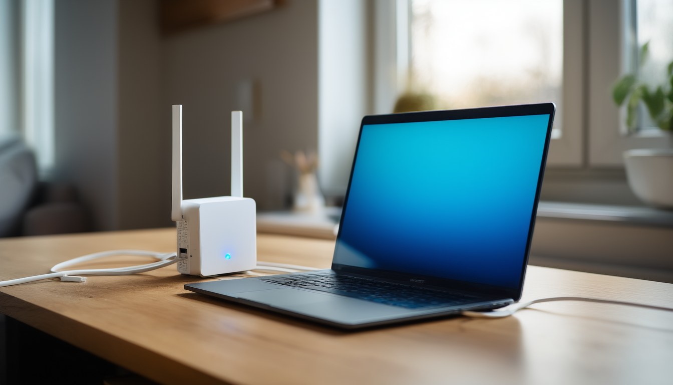 Laptop mit eingestecktem Netzwerkkabel neben einem WLAN-Router auf einem Schreibtisch – Symbolbild für den OneDrive-Fehler 0x8004de40 durch fehlende Cloud-Verbindung