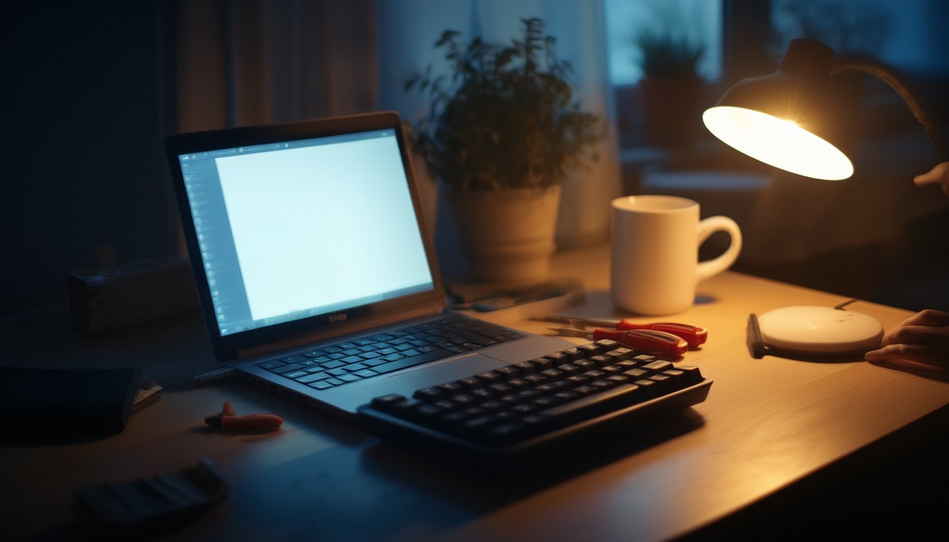 Hände tippen an einem Laptop im abendlichen Homeoffice, während die Windows-Update-Dienste nach dem Defender-Fehler 0x80070422 repariert werden