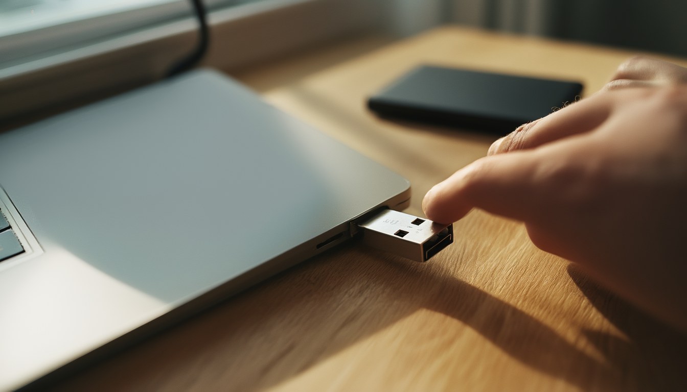 Fehler 0x80070570 beheben: „Datei oder Verzeichnis ist beschädigt“ – der Fix je Situation 5 Hand zieht einen USB-Stick aus dem Laptop – typische Ursache für den Fehler 0x80070570