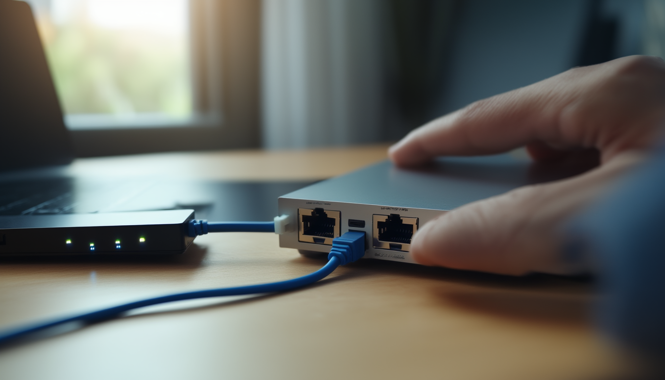 Hände stecken ein Netzwerkkabel in einen Laptop, im Hintergrund ein Netzwerk-Switch mit leuchtenden LEDs – Verbindungsproblem als Ursache des Windows-Update-Fehlers 0x80072ee2