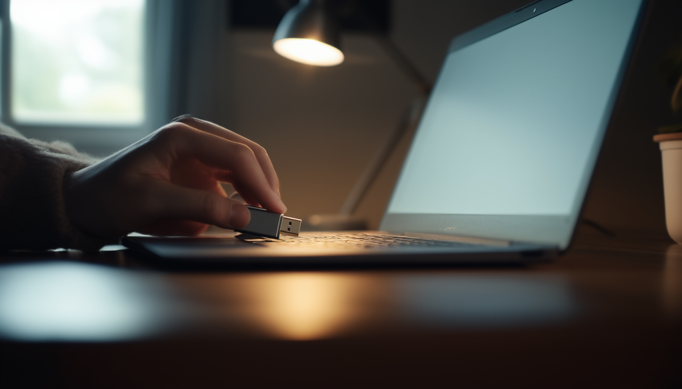 Hände stecken einen USB-Stick mit Windows-Installationsmedium an ein aufgeklapptes Notebook auf einem Schreibtisch