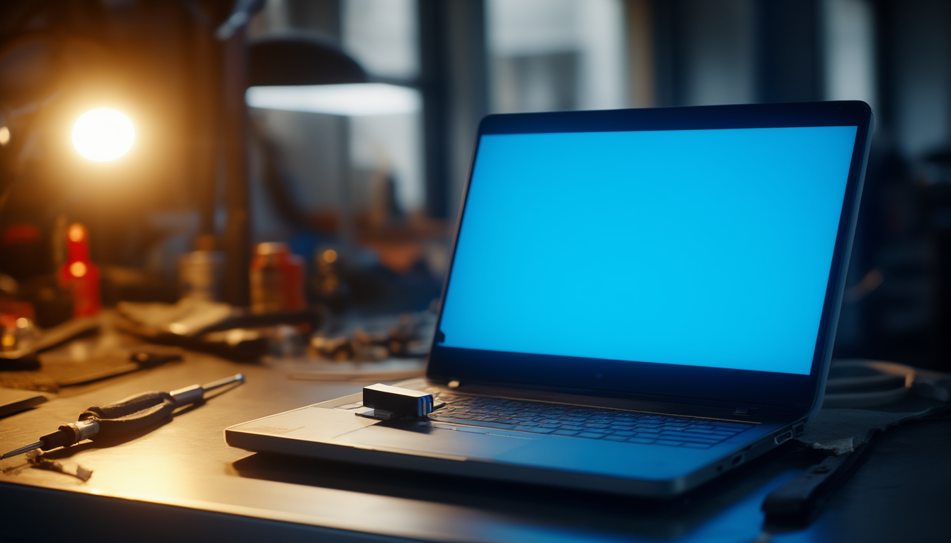 Fehler 0xc000021a beheben: Windows-Bootschleife der Reihe nach auflösen 8 Laptop auf einer Werkbank mit blau leuchtendem Bildschirm und eingestecktem USB-Stick für die Windows-Reparatur