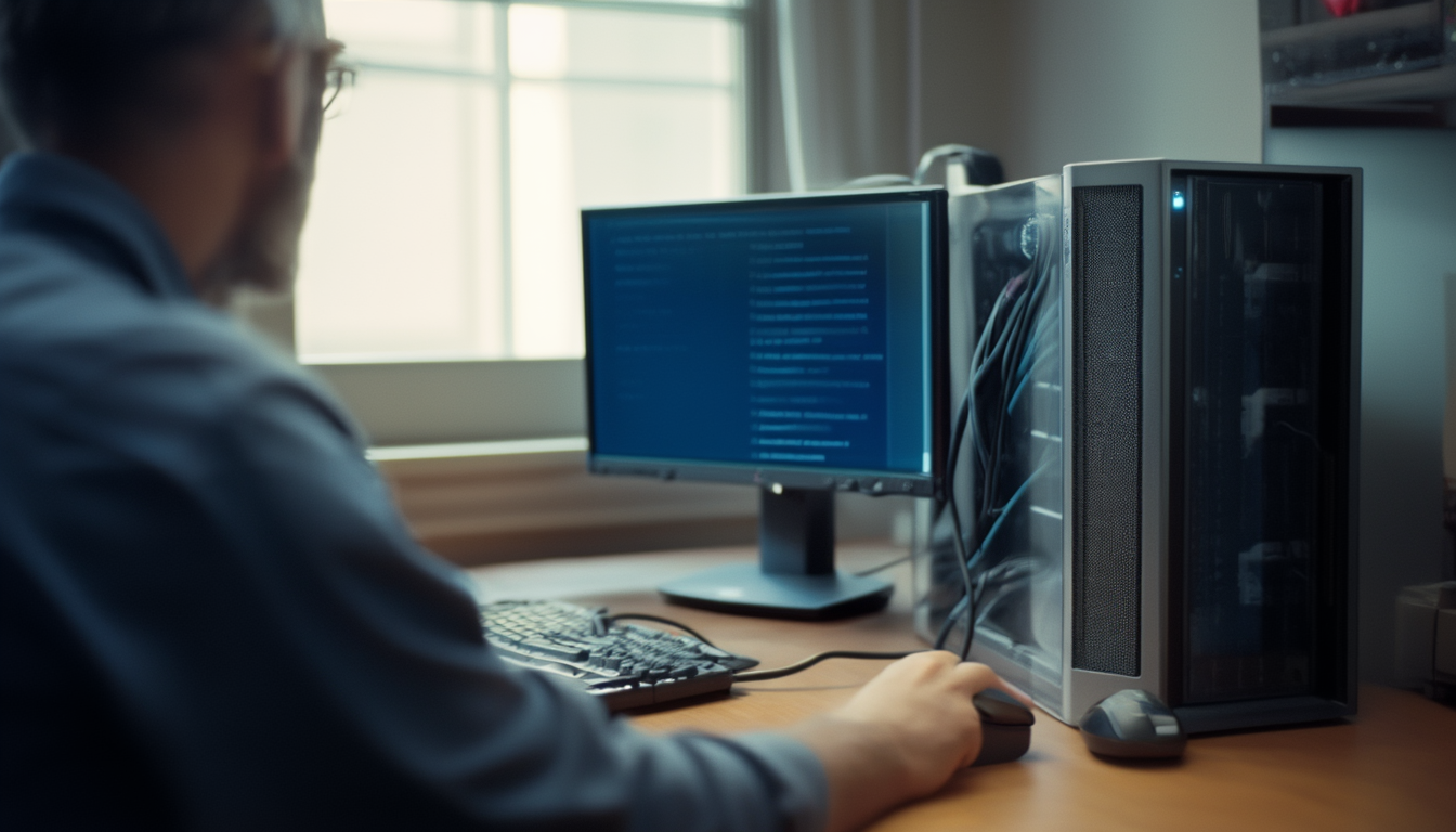 Techniker am Schreibtisch sucht auf dem Monitor nach Fehlern in der Windows-Ereignisanzeige, daneben ein geöffneter Desktop-PC