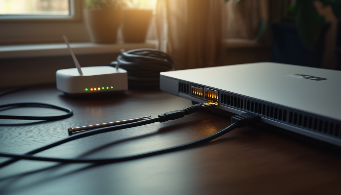 Netzwerkkabel steckt im LAN-Port eines Laptops, dahinter ein Heimrouter mit leuchtenden Status-LEDs — Sinnbild für eine feste IP-Adresse unter Windows 11