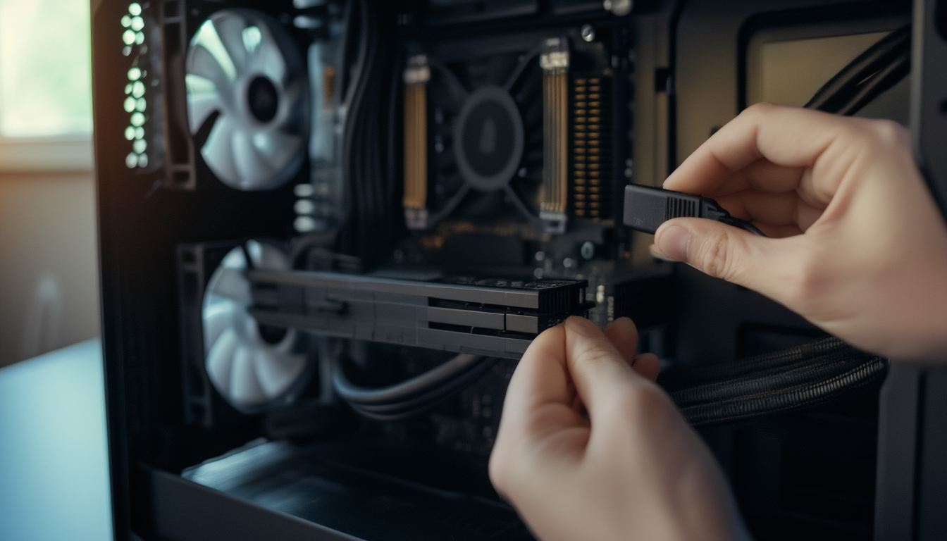 Gehäuselüfter anschließen: 3-Pin oder 4-Pin PWM richtig verkabeln und regeln 1 Hände stecken das 4-Pin-PWM-Kabel eines Gehäuselüfters auf den Lüfteranschluss eines Mainboards im offenen PC-Gehäuse