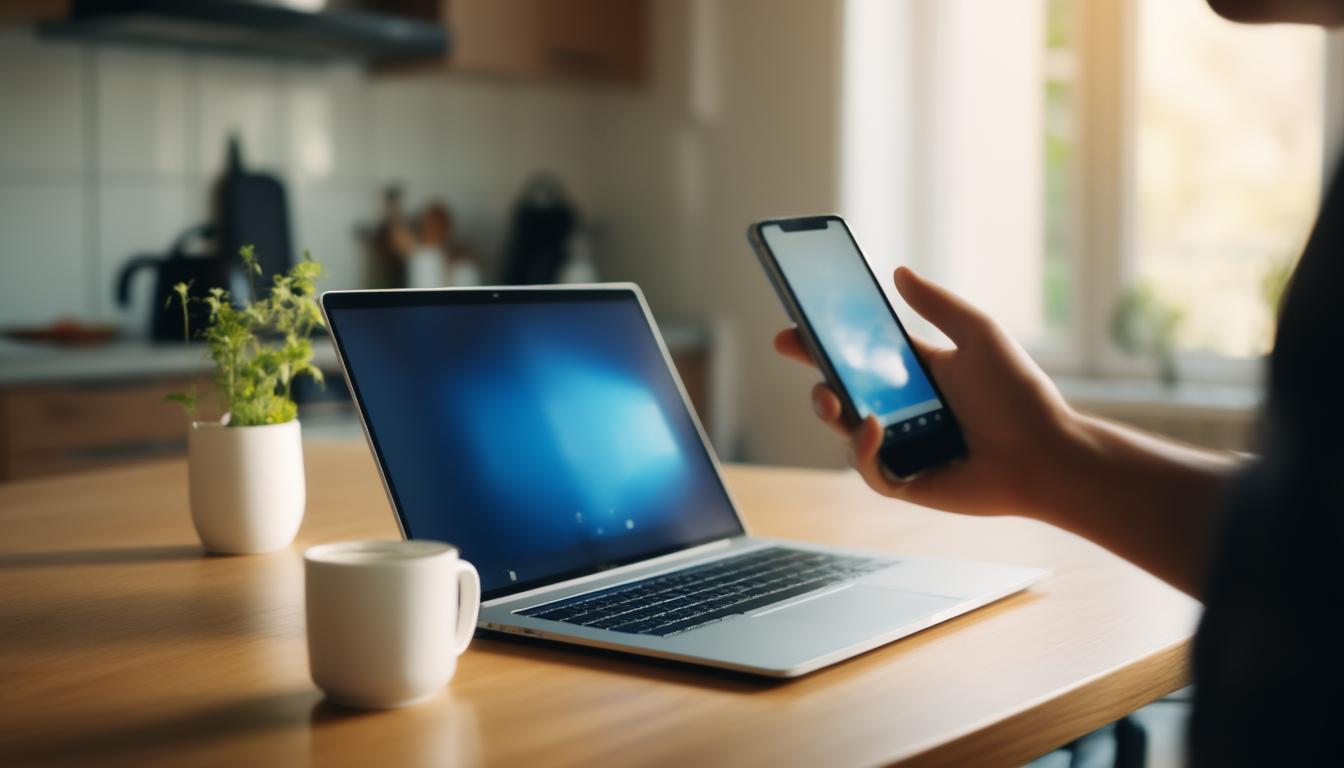Hand hält ein Smartphone vor den Bildschirm eines Laptops am Küchentisch, um sich mit dem WLAN zu verbinden