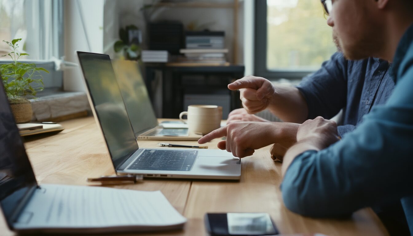 Zwei Personen am Schreibtisch besprechen an einem Laptop die Freigabe eines gemeinsamen Cloud-Ordners