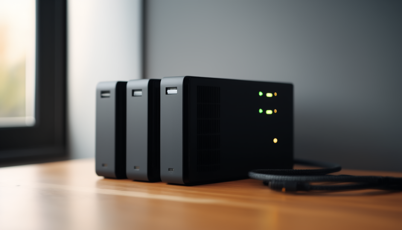Drei externe Festplatten neben einem kleinen NAS auf einem Schreibtisch als Sinnbild für die Backup-Rotation nach dem Großvater-Vater-Sohn-Prinzip