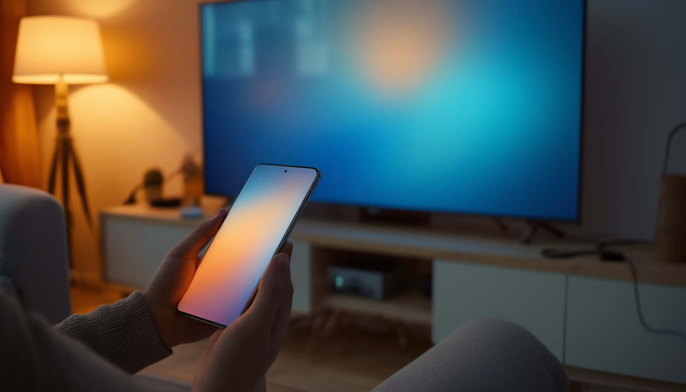 Hand hält ein Smartphone vor einem Fernseher, der denselben Bildschirminhalt kabellos spiegelt