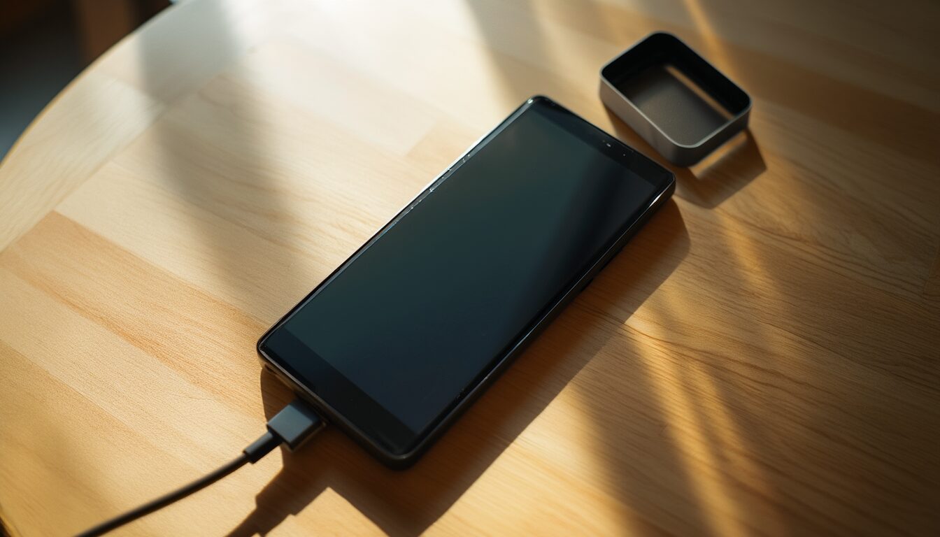 Smartphone mit eingestecktem Ladekabel liegt in praller Sonne auf einem Holztisch, die abgenommene Schutzhülle daneben