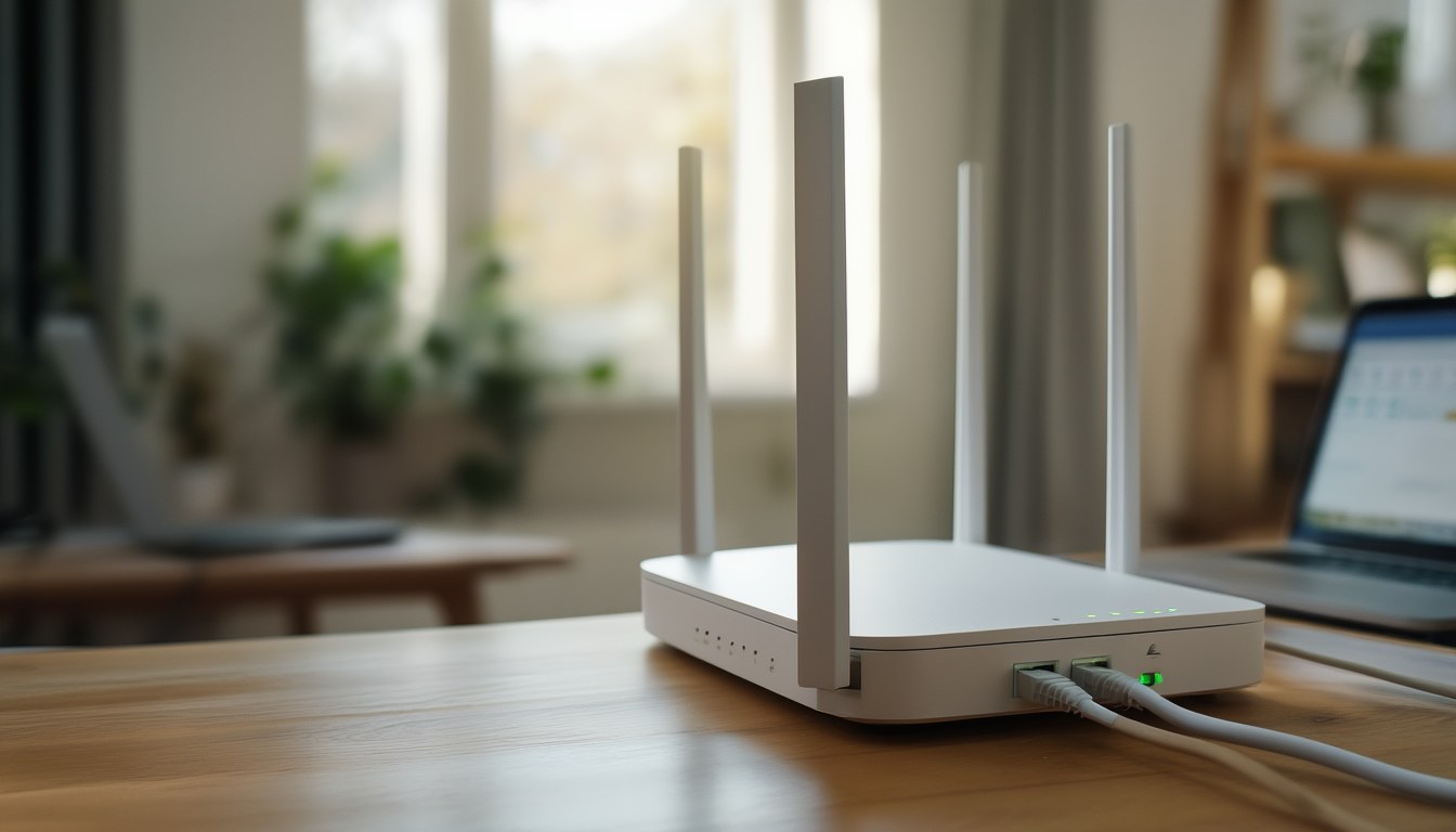 Router mit leuchtenden Status-LEDs und eingesteckten Netzwerkkabeln auf einem Schreibtisch, im Hintergrund ein Notebook – Hardware-Firewall und Software-Firewall im Heimnetz