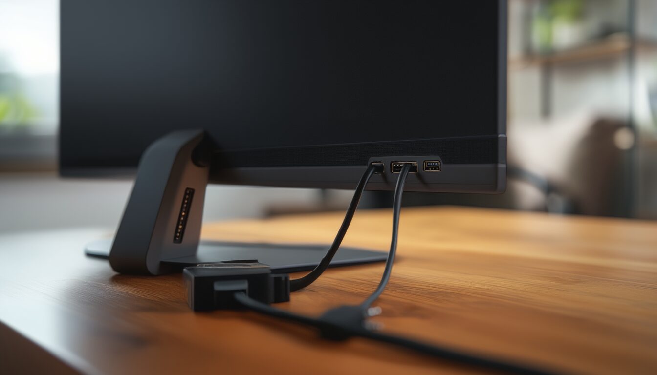 Nahaufnahme der Anschlussleiste eines Monitors mit einem HDMI-Kabel und einem DisplayPort-Kabel auf einem Holzschreibtisch
