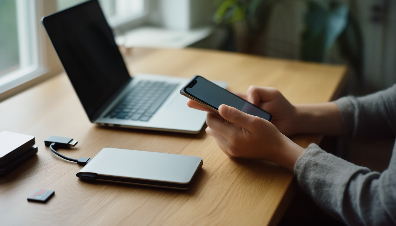 Hände halten ein Smartphone über einem Schreibtisch mit Laptop, externer Festplatte und Speicherkarten – Symbolbild für vollen iCloud-Speicher und Backup-Alternativen