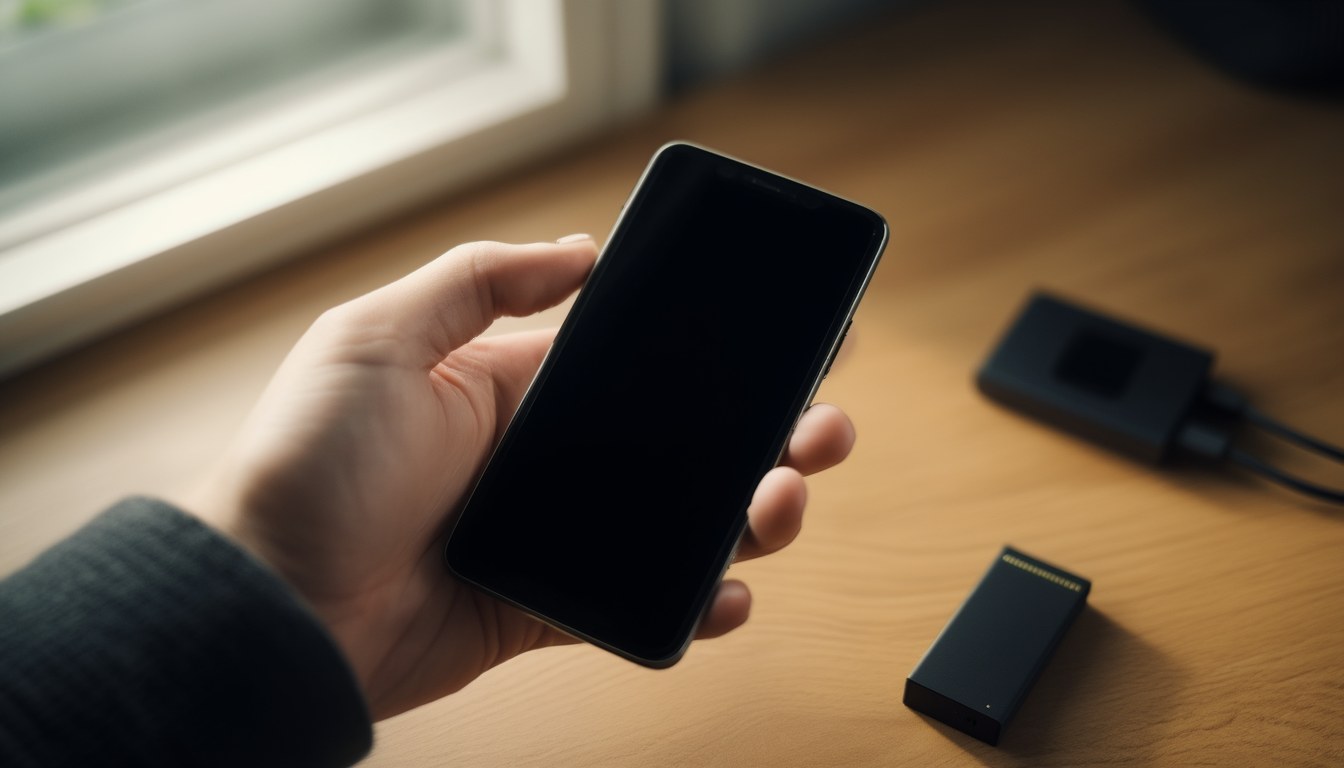 iCloud-Speicher voll: kostenlos Platz schaffen in 6 Schritten 1 Hände halten ein Smartphone mit dunklem Display über einem Holzschreibtisch, daneben eine externe SSD – Symbolbild für vollen iCloud-Speicher